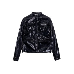 Fashion design PVC jacket, turtleneck, button design, glossy fashion style jacket, black FA394 Fashion design PVC jacket, turtleneck, button design, glossy fashion style jacket, black FA394